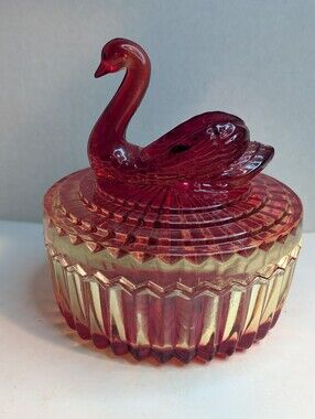 Vintage Jeanette Amberina Glass Powder Jar & Swan Lipstick Holder Lid Candy Dish
